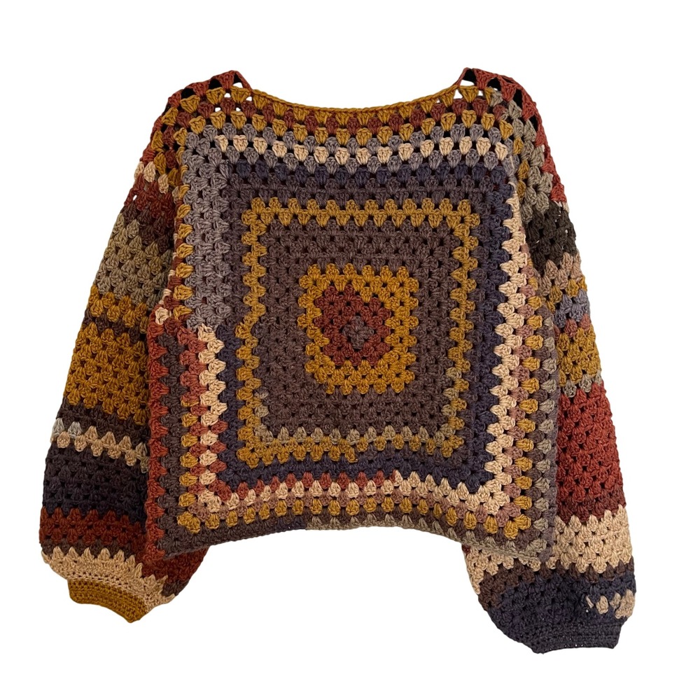 Handmade Granny Square Crochet Sweater Earth Tone Multi Color Boho Boxy Crop